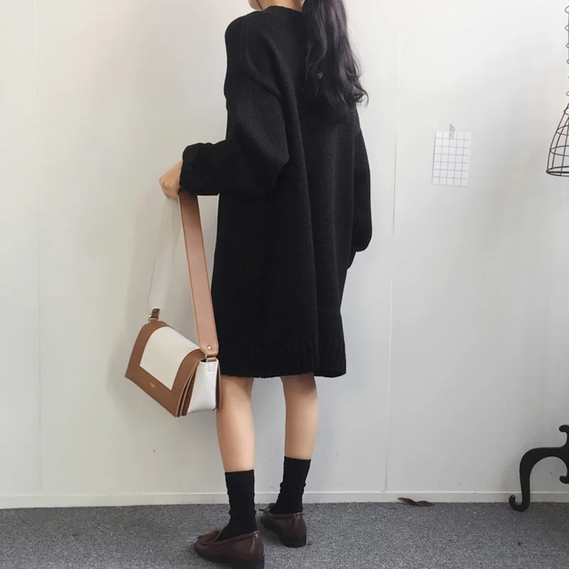 

New 2020 Autumn Knitted Sweater Dress Women One-Piece Hollow Out Waist Sweater Dress Winter Korean Loose Midi Dress Female Chic