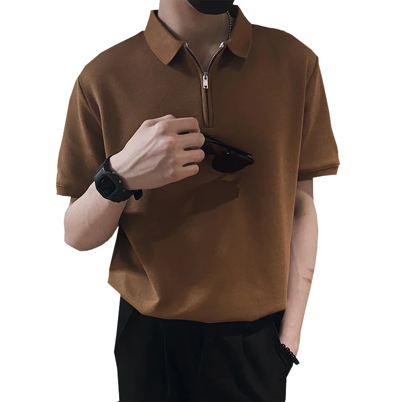 

Summer Polo Shirt Men's Slim Fashion Black Brown Casual T Shirt Men Korean Zipper Lapel Tshirt Mens Short Sleeve T-shirt
