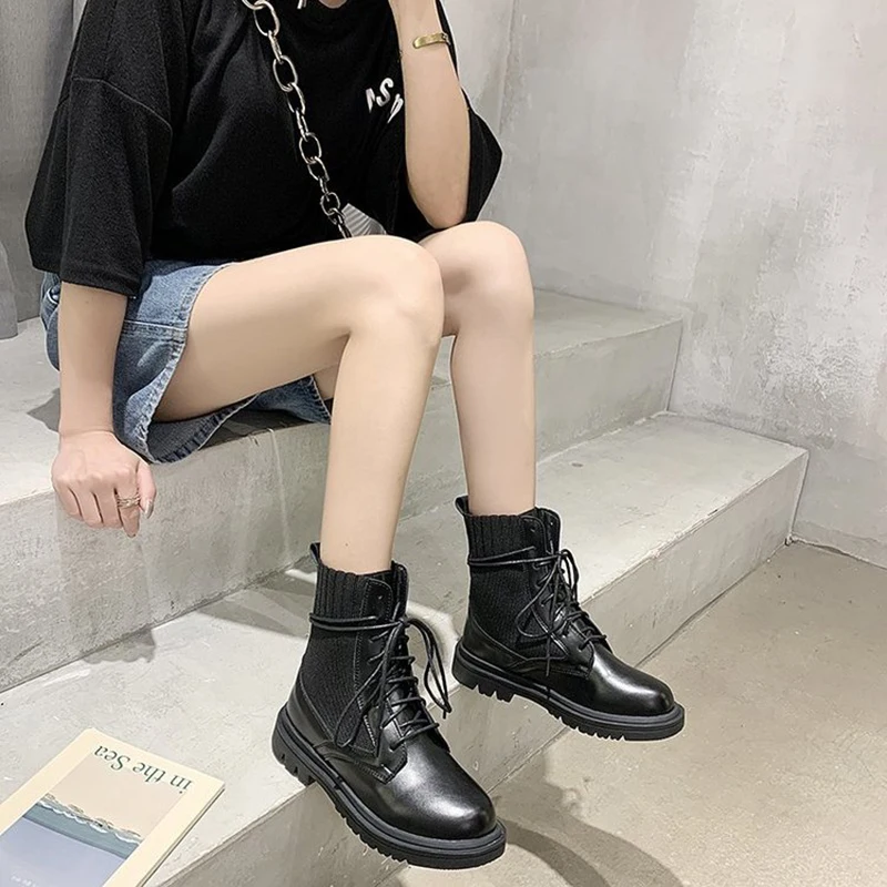 

Ladies Fall Winter Warm Short Martin Boots Woman Black Leather Cloth Low-heeled Boots Flat Comfortable All-match Leather Boots