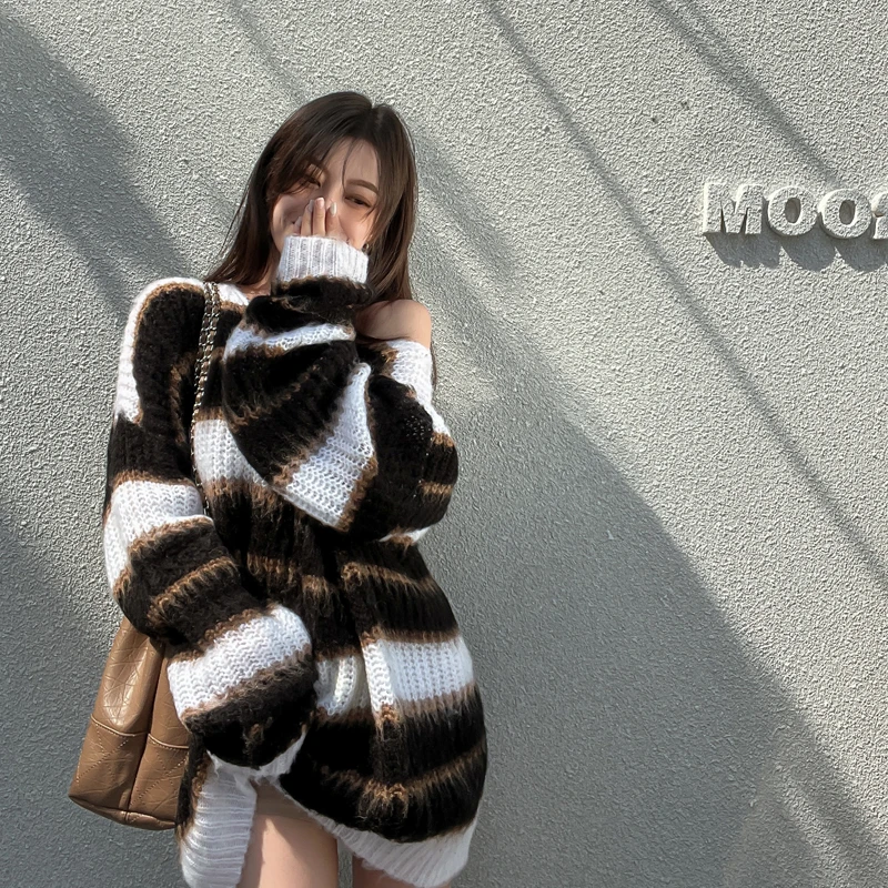 

Mohair Striped Soft Waxy Y2k Sweater Women Thick Mid-length Lazy Retro Coat Knitted Sweater Tops 2022 Autumn And Winter New