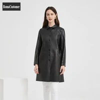 turn down collar slim black long sheepskin genuine leather jackets womens autumn new outerwear elegant fashion casual overcoat