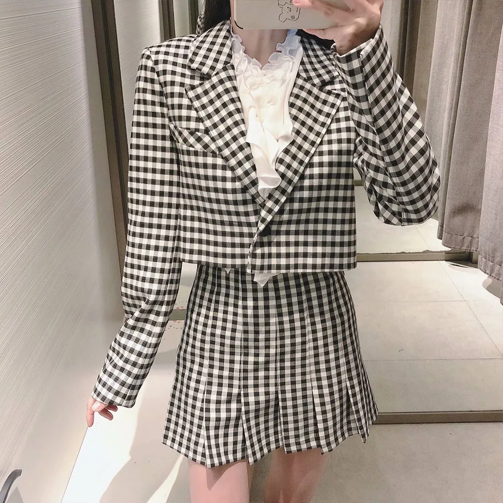 

Za Women 2021 Fashion Single Button Blazer Short skirt suit Coat Vintage Long Sleeve Female Outerwear Chic Tops