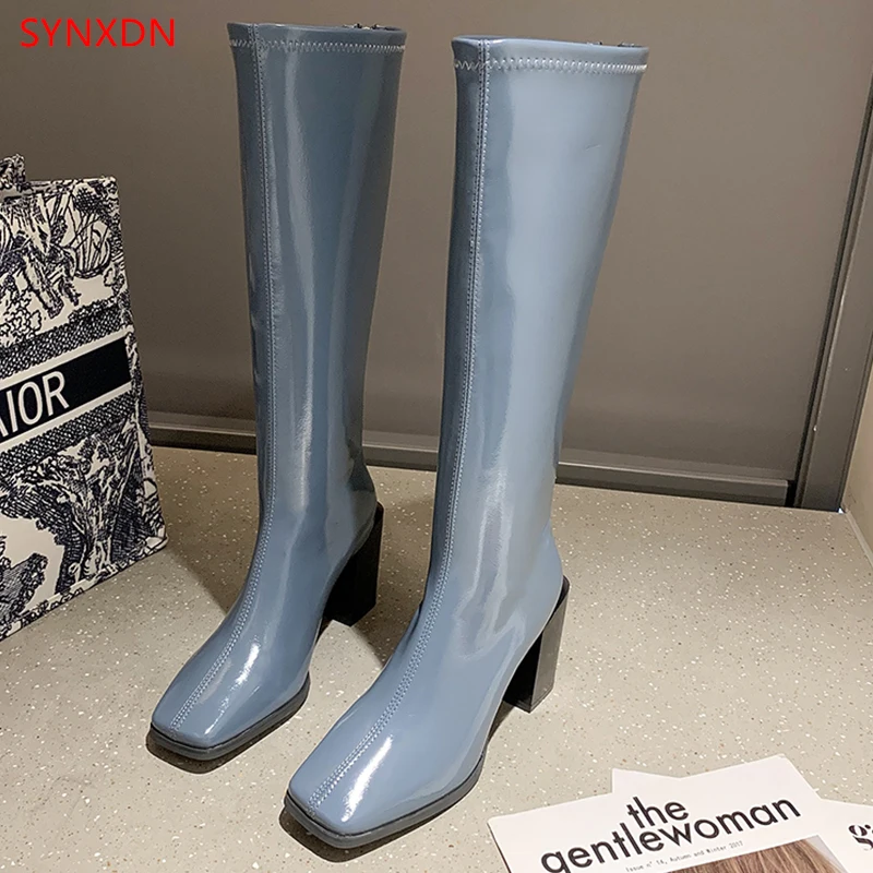 

Женские длинные сапоги SYNXDN, классические кожаные сапоги до бедра на массивном каблуке, женские сапоги на высоком каблуке с застежкой-молние...