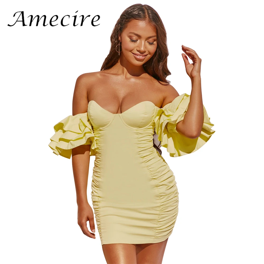 

Женское вечернее платье Amecire вечерние ное элегантное мини-платье знаменитости с боковыми оборками, красивые наряды с оборками, шикарное бюс...