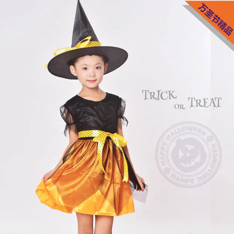 

Детские костюмы на Хэллоуин для выступлений, карнавальный костюм ведьмы для девочек, костюм на Хэллоуин, вечерние платья ведьмы с шапочкой