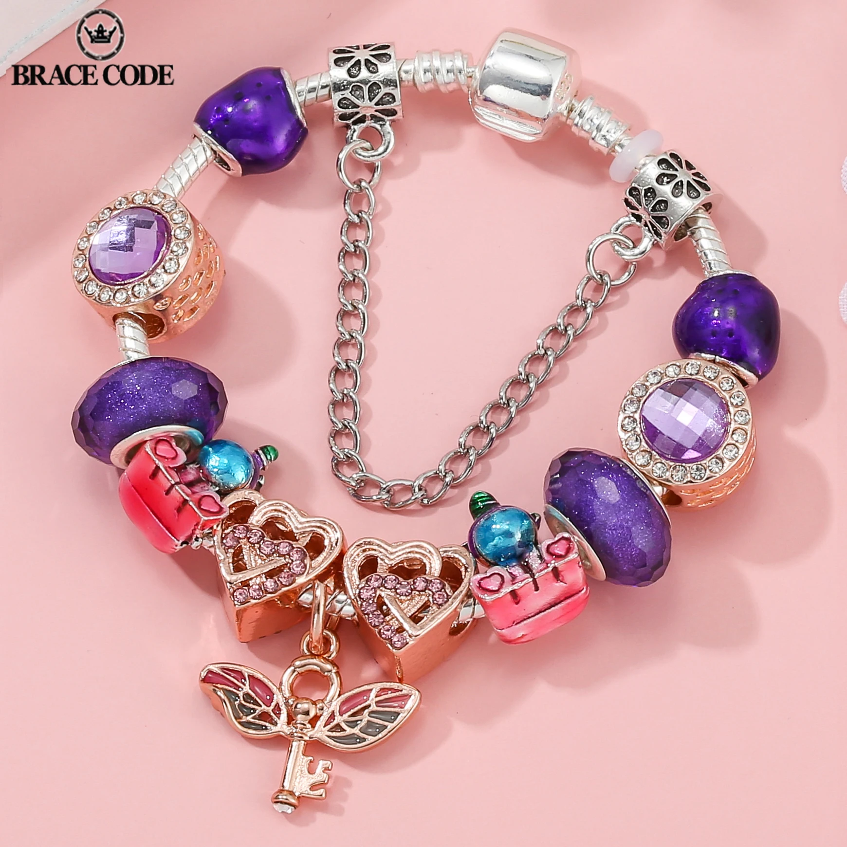 

BRACE CODE New Rose Gold And Purple Charm Fit Brand Women Bracelet DIY Handmade Charm Unicorn Wing Pendant Child Bracelets