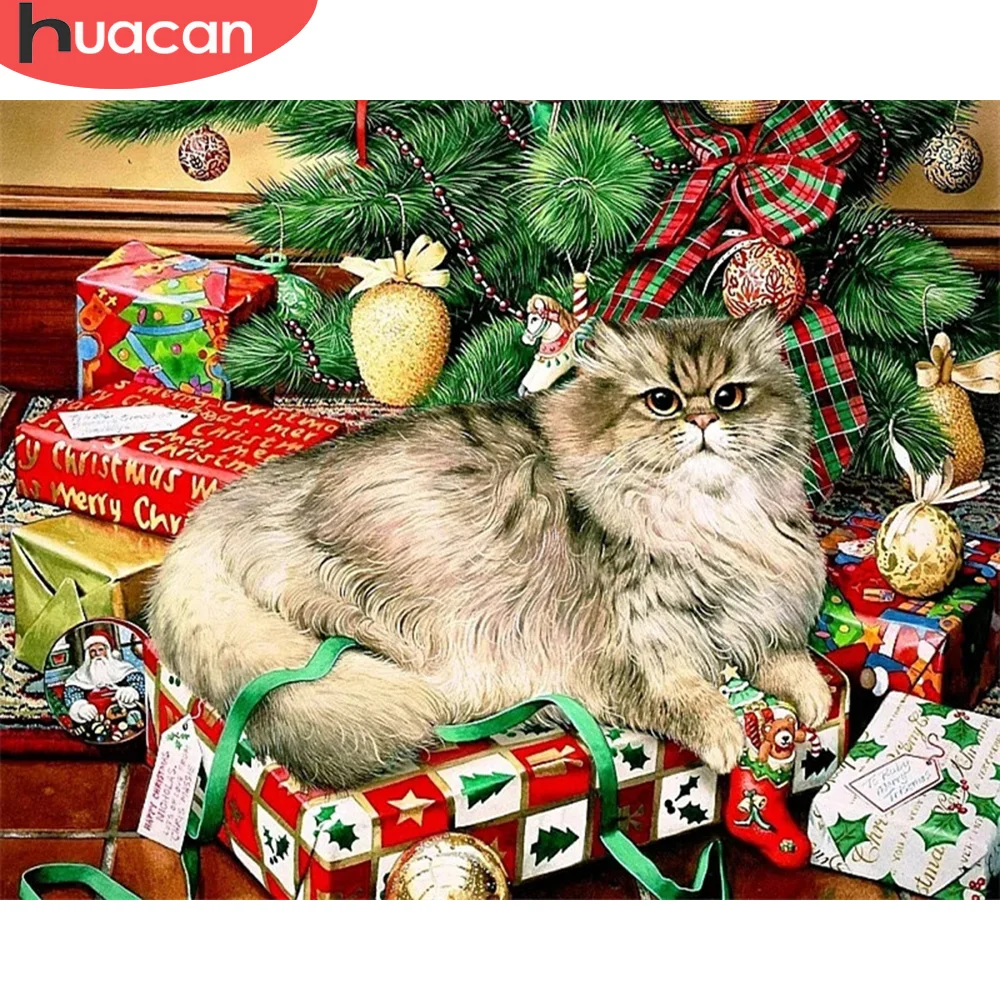

HUACAN Painting By Number Christmas Cat Drawing On Canvas HandPainted Art Gift DIY Pictures By Number Animal Kits Home Decor