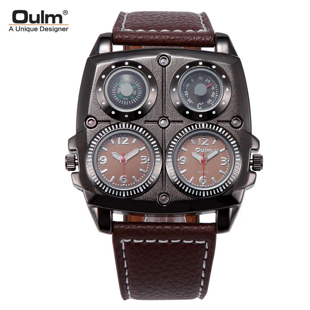 

Oulm 1140 Dropshipping Men Quartz Watch Two Time Zone Army Sport Watch Male Leather Strap Wristwatch Big Size Unique Male Clock