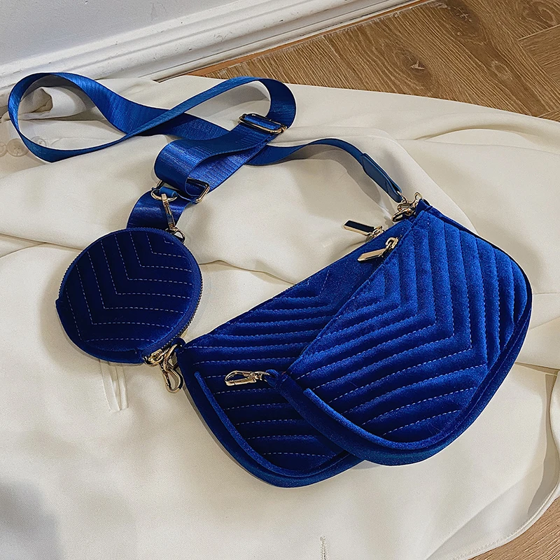 

V Pattern 3-piece Set Golden Velvet Small Shoulder Crossbody Bag for Women 2022 Winter Casual Designer Purses And Handbags Sac