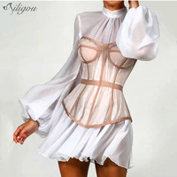 ailigou 2021 summer new ladies sexy stitching lace perspective lantern sleeves sexy slim mini sexy star party dress vestidos