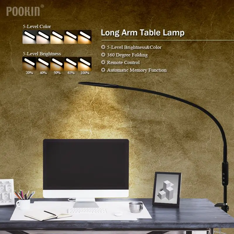 구매 긴 팔 테이블 램프 클립 사무실 Led 책상 램프 원격 제어 눈 보호 램프 침실 Led 조명, 5 단계 밝기 및 색상