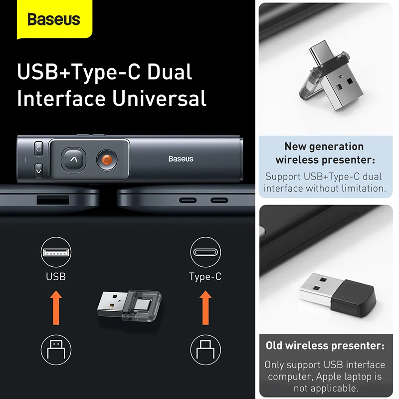 baseus wireless presenter laser pointer usb c charging adapter projector powerpoint slide remote control infrared presenter pen free global shipping