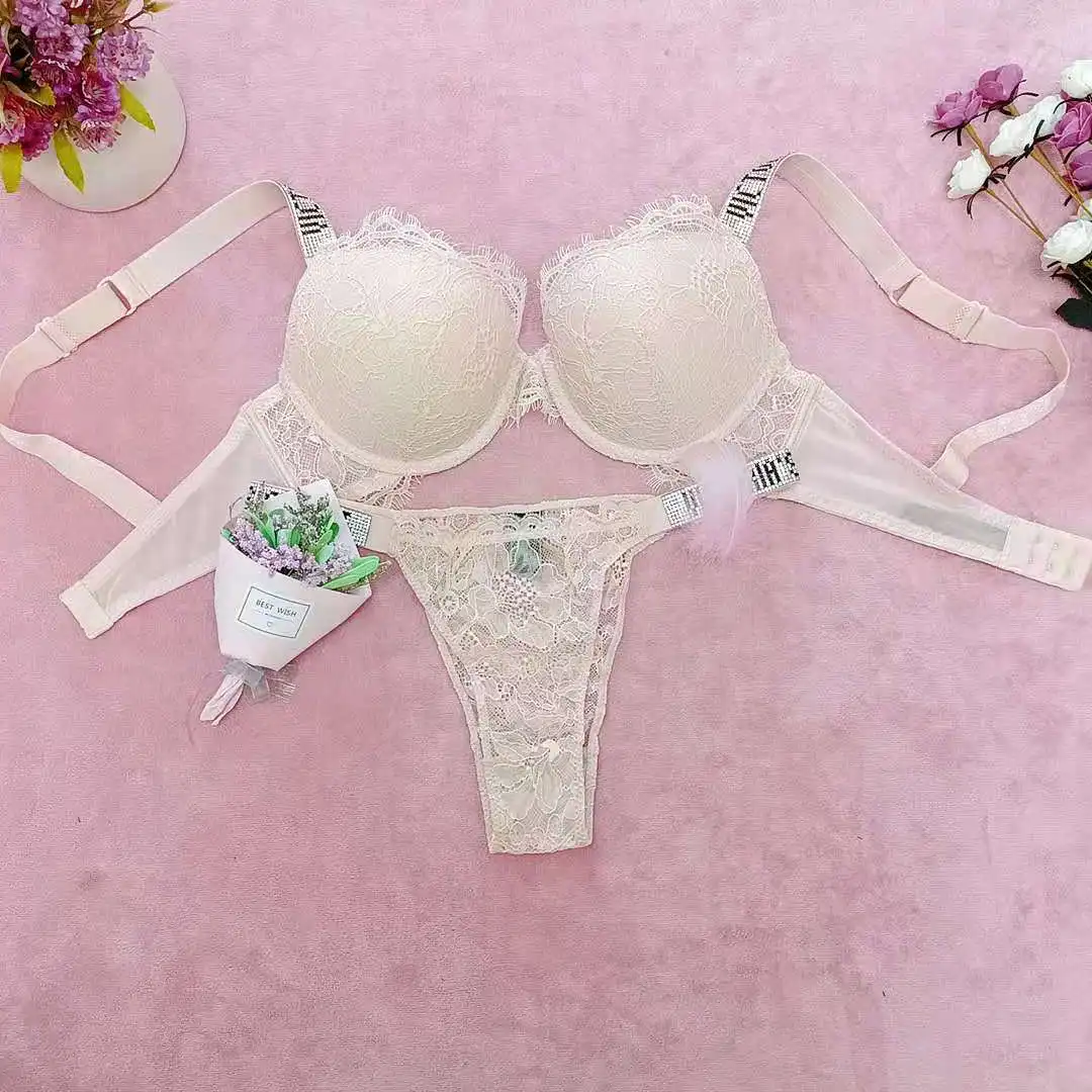 

Sexy Secret Lace Rhinestone Bikini Thong Letter LOGO Brand Design Push Up Bra Panty 2 Piece Women Adjustable Underwear Sets