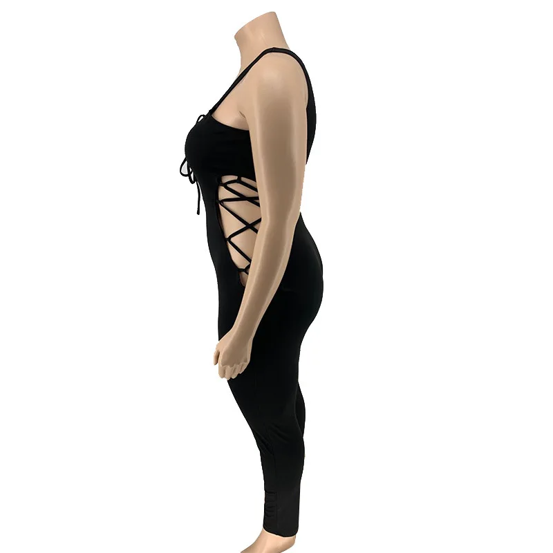 

Summer Bandage Lace Up Jumpsuit Plus Size Rompers Sexy Sleeveless Deep V-neck Hollow Out Tight Celebrity Party Jumpsuit