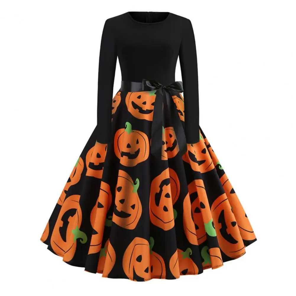 

Pumpkin Hallowen Womens Dress O Neck Long Sleeve Bowknot Bat Loose Hem Lady Dress for Festival Party Vintage Princess Dress