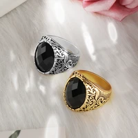 fashion luxury gold plated men ring relief sculpture pattern oval black stone ring classic men popular party anniversary jewelry
