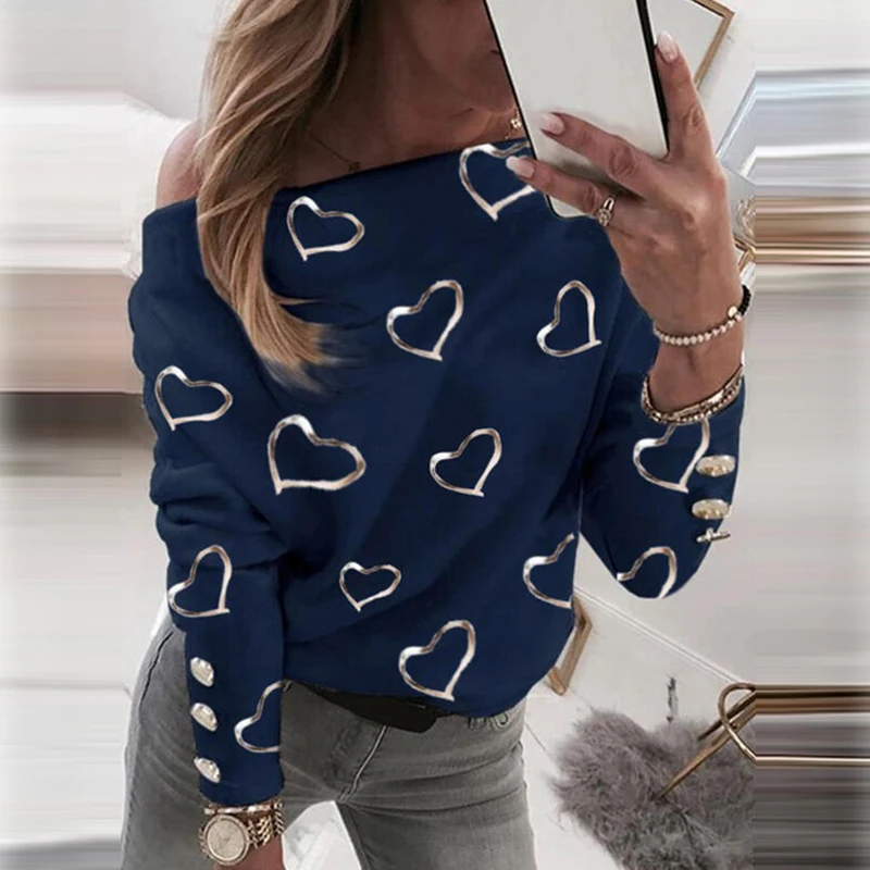 

2021 Spring Women Long Sleeve Blouse Sexy Off Shoulder Heart Print Shirt Tops Casual Button Loose Blusa Pullover Sweatshirt 3XL