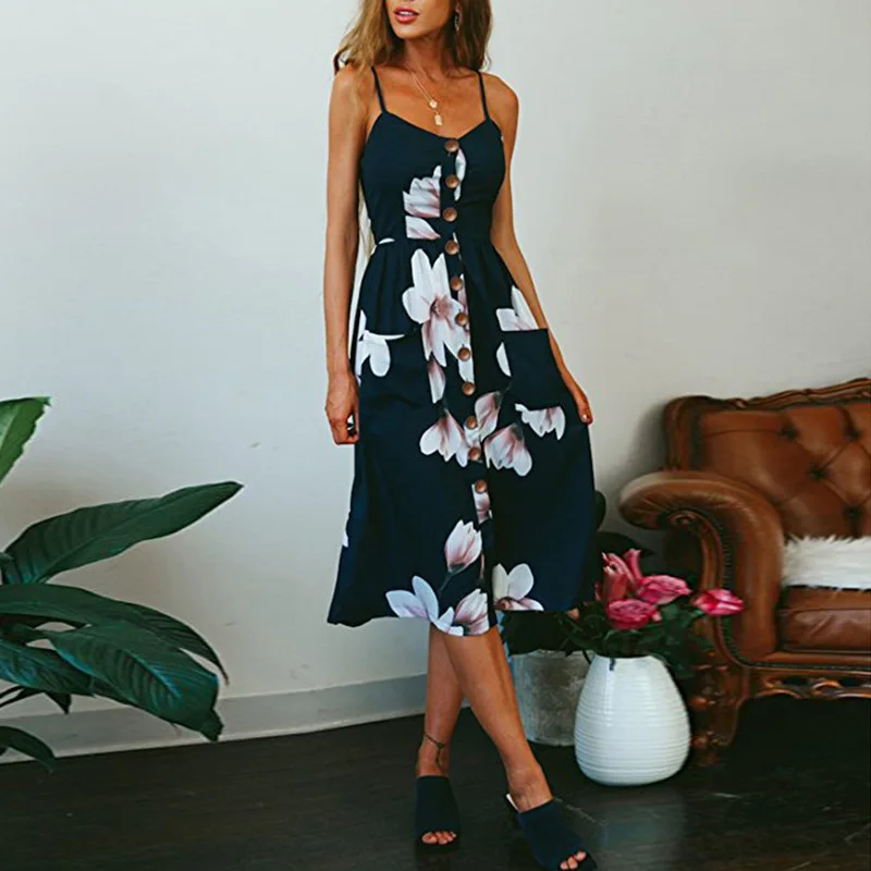 

Ladies Vintage Casual Beach Dress Midi Button Backless Polka Dot Striped Women Dress Summer 2021 Boho Sexy Floral Female Dress