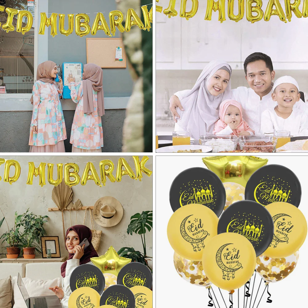 

1 Set Eid Mubarak Latex Balloons Gold Glitter Ramadan Balloons Banner EID Party Aluminum Foil Balloons For Ramadan Party