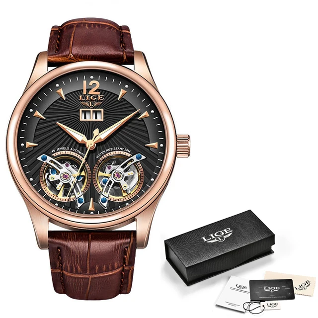 Rose gold black Мужские часы, новинка, LIGE, синяя кожа, двойной турбийон, механические мужские часы, Топ бренд, Роскошные автоматические часы, Montre Homme+ коробка - Цвет: Rose gold black