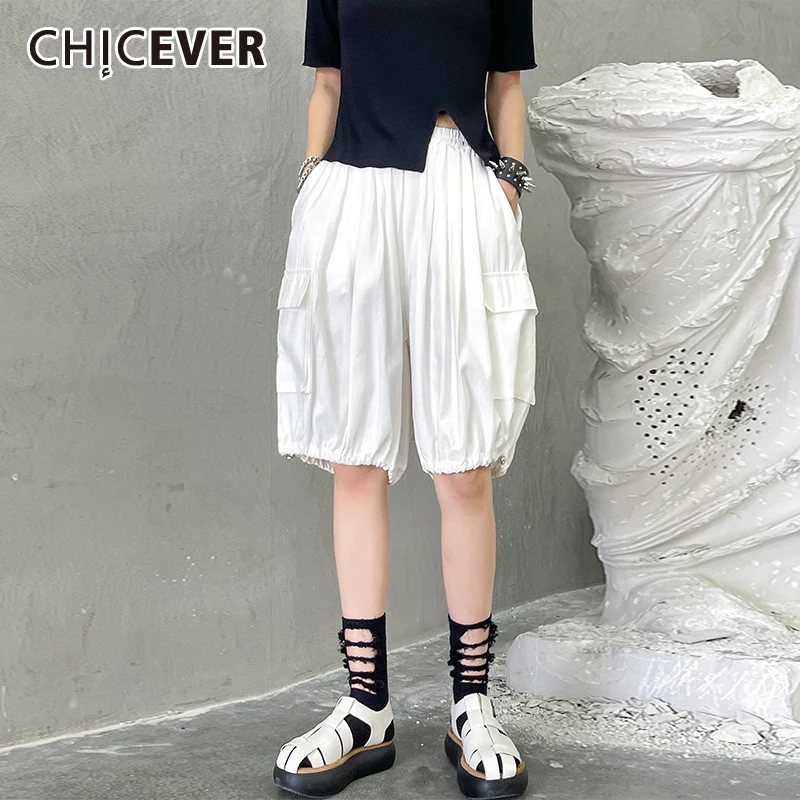 

CHICEVER белые повседневные свободные штаны для женщин с высокой талией, лоскутные карманы, минималистичные однотонные шаровары, женская модна...