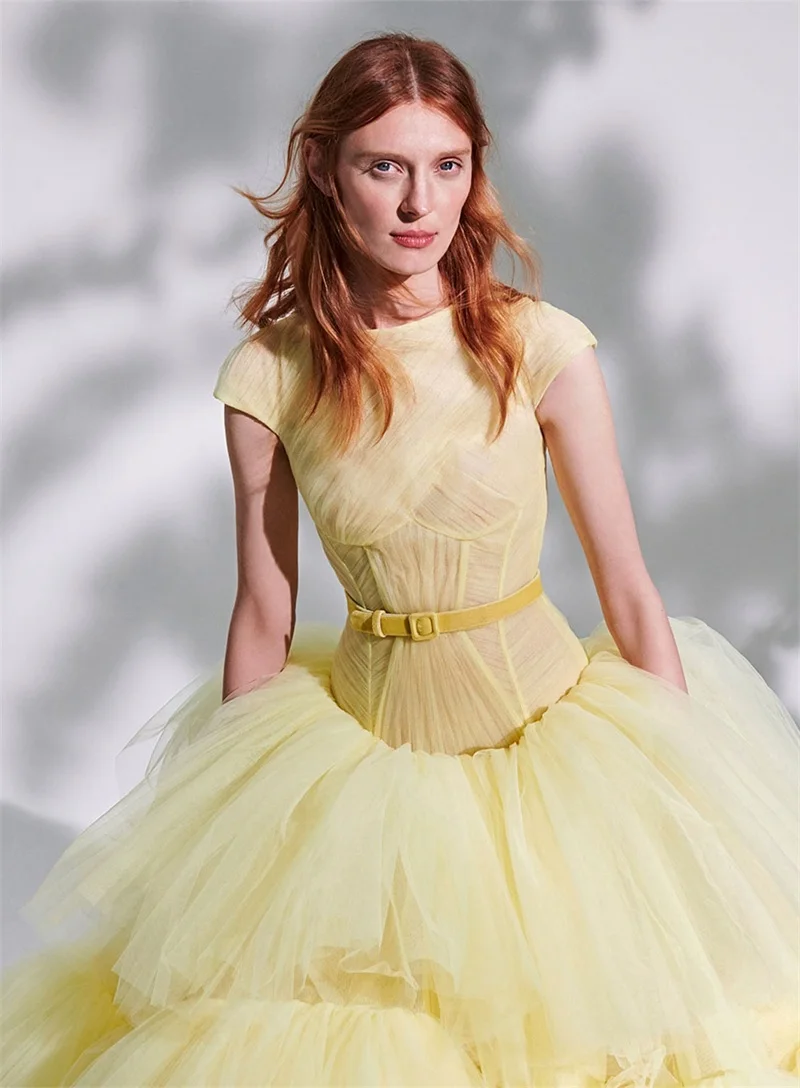 Princess Yellow Prom Dress Sleeves Mulitlayered Ruffles Sash Evening Custom Made Long Length Party | Свадьбы и торжества