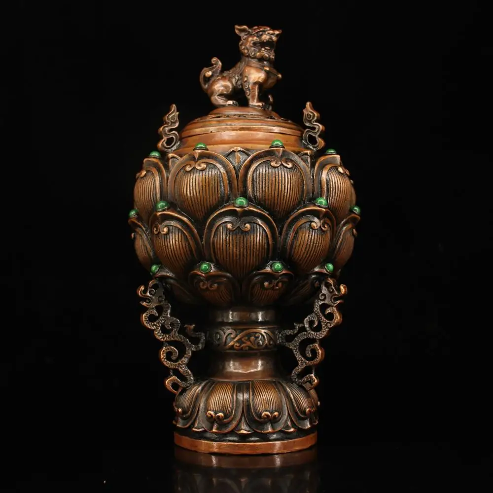 

wedding decoration Old copper hand-inlaid gemstone lion incense incense burner