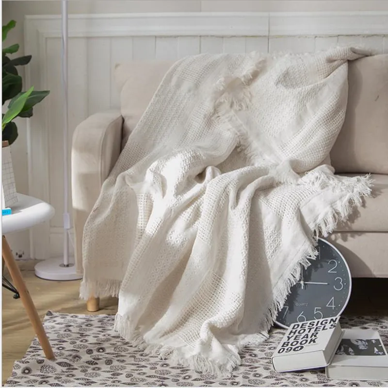 

Cutelife White Grid Cotton Knitted Throw Blanket Double-Sided Travel Robe Throws Nordic Sofa Bed Living Room Blanket Decorative