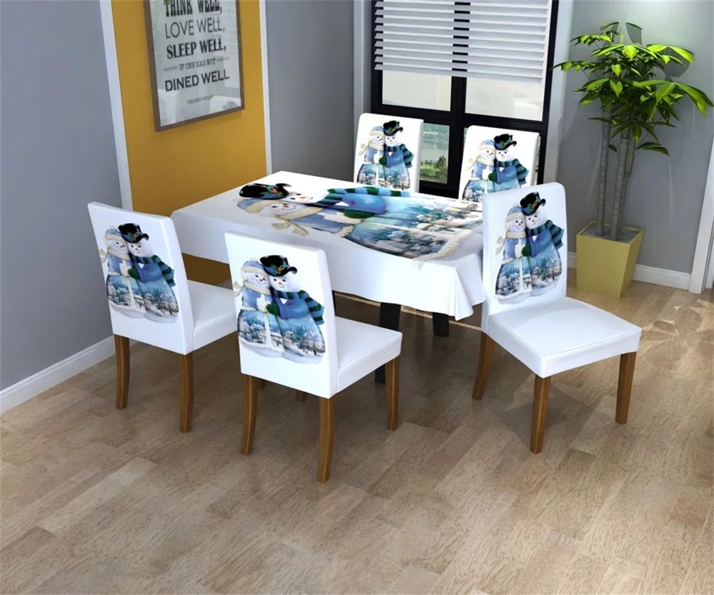 Рождественский декоративный чехол на стул стрейчевый со снеговиком для