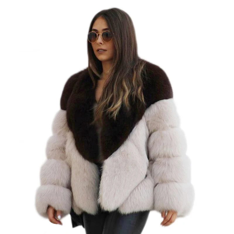 HJQJLJLS 2022 New Fashion Women Rainbow Faux Fur Coat Winter Female Thick Warm Fluffy Long Sleeve 2 Colors Spliced Fur Jacket