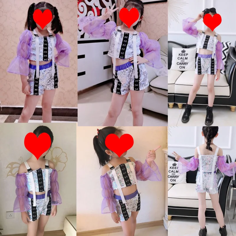 

2021 NEW Hip Hop Costumes Girls Cheerleaders Show Clothes Fashion Sequins Street Dance Suit Children Modern Jazz Stage Outfit