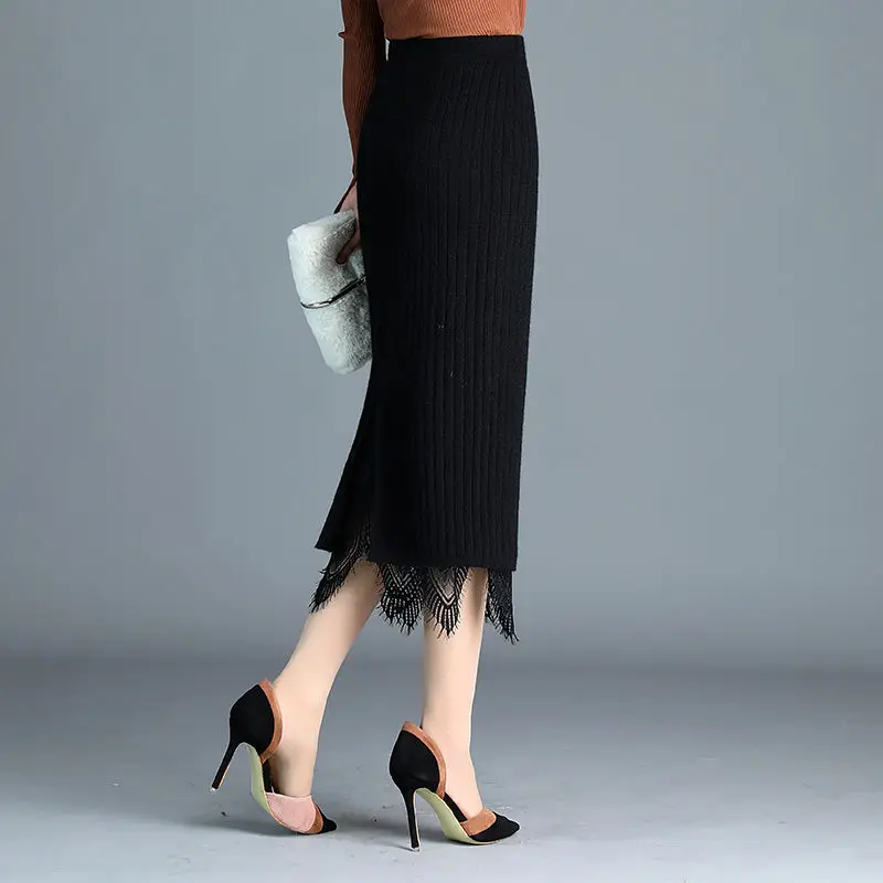 

Women's Autumn Knitted Skirt High Waist Warm Elegant Ruffle Knitting Ribbed lace Skirts Female 2019 Winter Party Skirts
