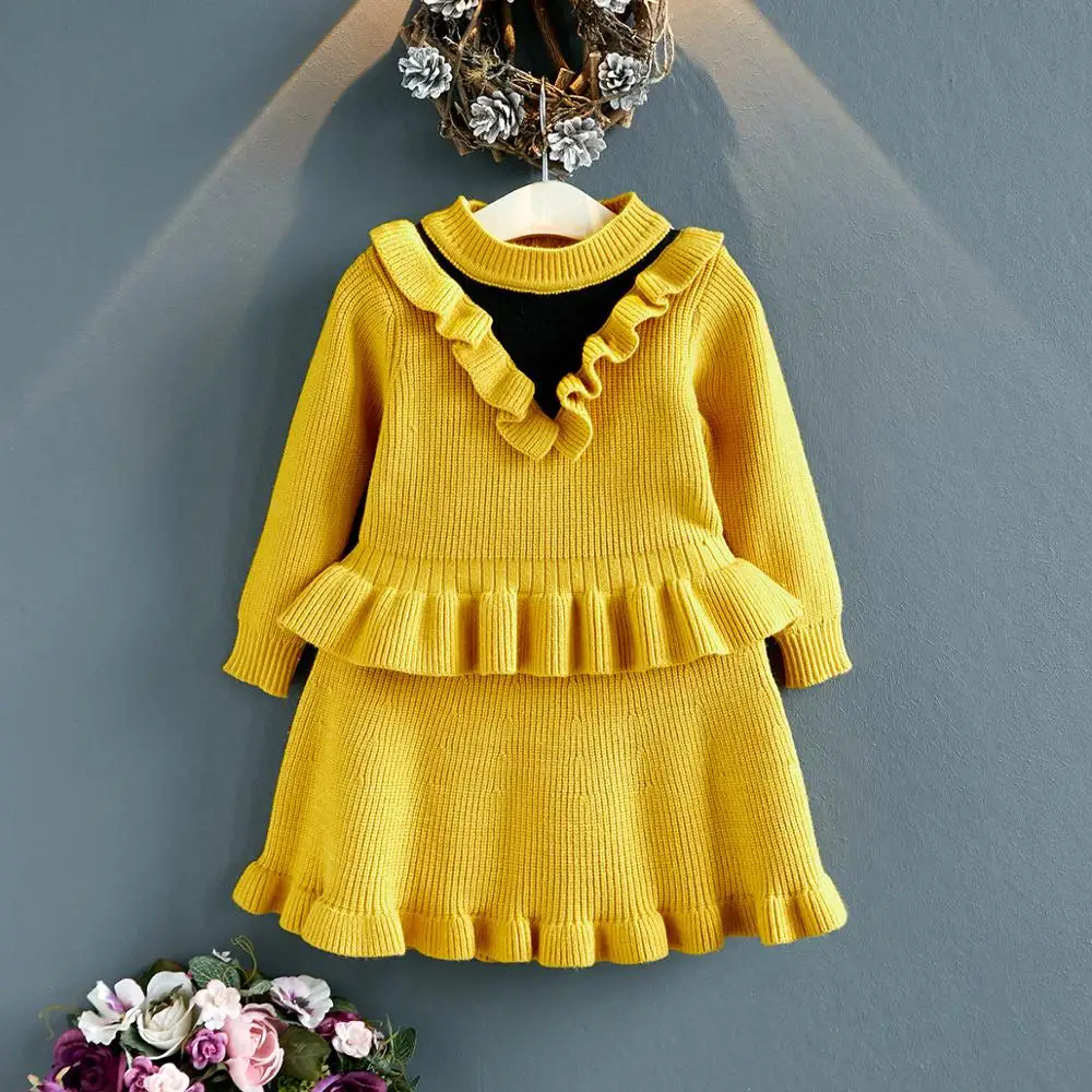 Осенне зимний модный комплект детской одежды 3 вида цветов для девочек вязаный