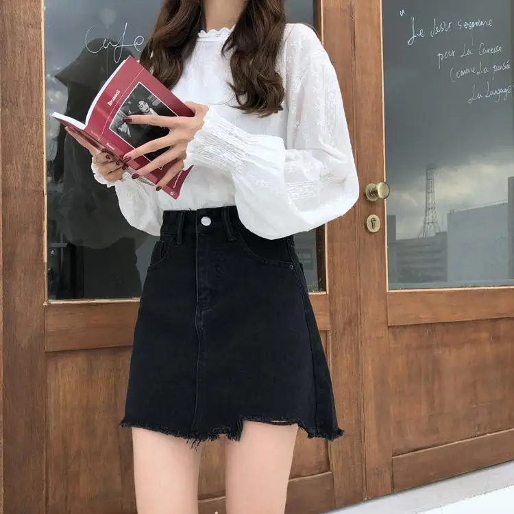 

Summer new Korean high waist and thin irregular skirt student loose woollen denim A-line skirt short skirt female