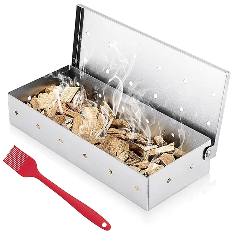 

Smoker Box For Wood Chips,Stainless Steel Smoker Box,Meat Smoking Box Barbecue Grilling Accessories With Basting Brush