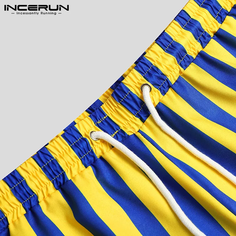 

INCERUN Man Summer Beach Sets Men Sets Fashion Striped Suits Short Sleeve Lapel Tops Drawstring Shorts Sets Streetwear Plus Size