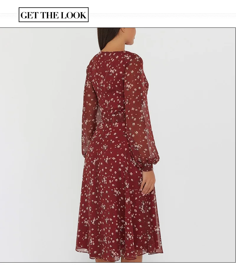 

Dresses for WomenSukienki letnie Women's Dress European and American Style Red Small Floral Long Sleeve Elegant Midi Dress