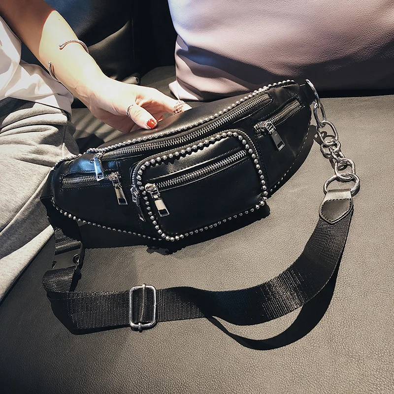 

2021 Fashion Beads Waist Bag Personality Ladies Black Chest Bag Designer Leather Belt Bags Women Chain Crossbody Messenger Bag