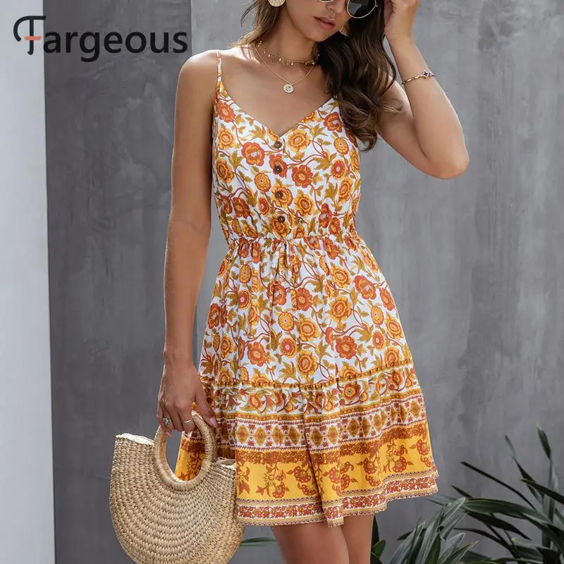 Fargeous Boho принт спагетти ремень сарафан для женщин 2020 летнее повседневное с