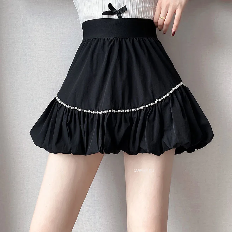 

Black Japan Style Beading Casual High Waist Half-body Pleated A-line Skirt Women Fashion New Spring Summer 2021