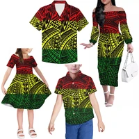 new 4pc fashion family suit matching outfit printed polynesian tribal womens party pencil dress men shirt