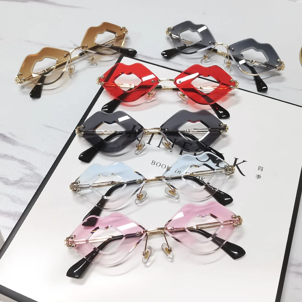 

Rimless Sexy Lips Sunglasses Luxury Brand Design Women Metal Personality Sun glasses Fashion Shades UV400 Eyewear oculos de sol