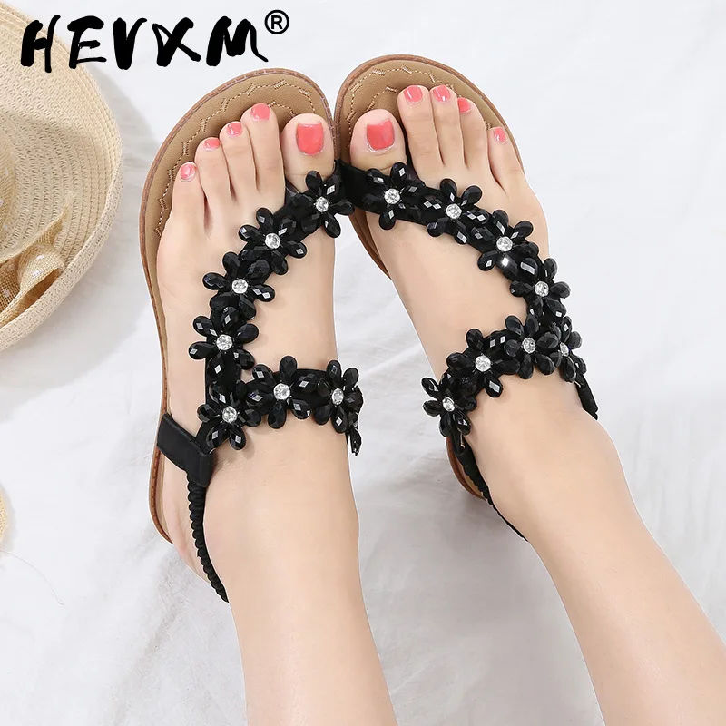 

2021 Boho Flower Women Beach Sandals 2021 Summer Rhinestone Women Flip Flops Soft Flat Ladies Shoes Sizes 35- 41