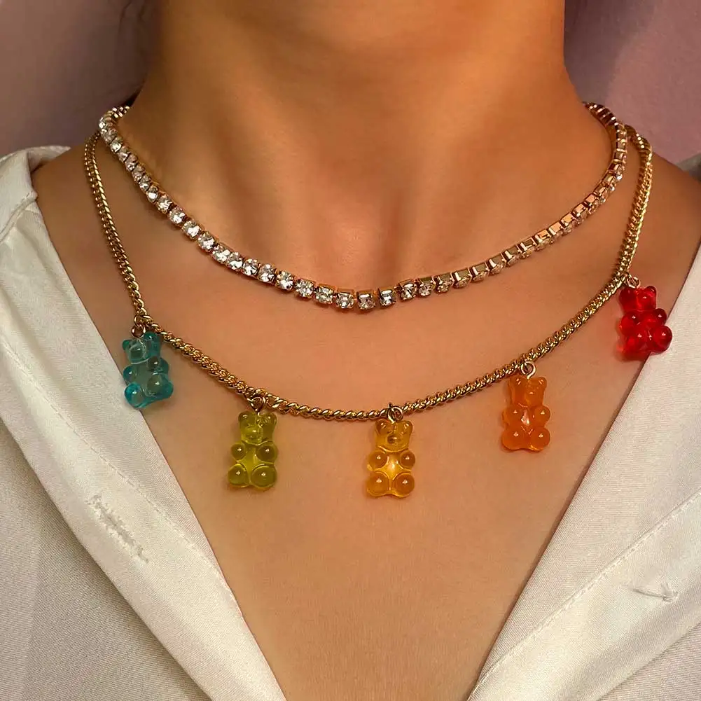 

Flatfoosie Multi-layer Candy Color Mini Bear Gummy Necklace for Women Fashion Shiny Crystal Tennis Chain Necklace Choker Jewelry