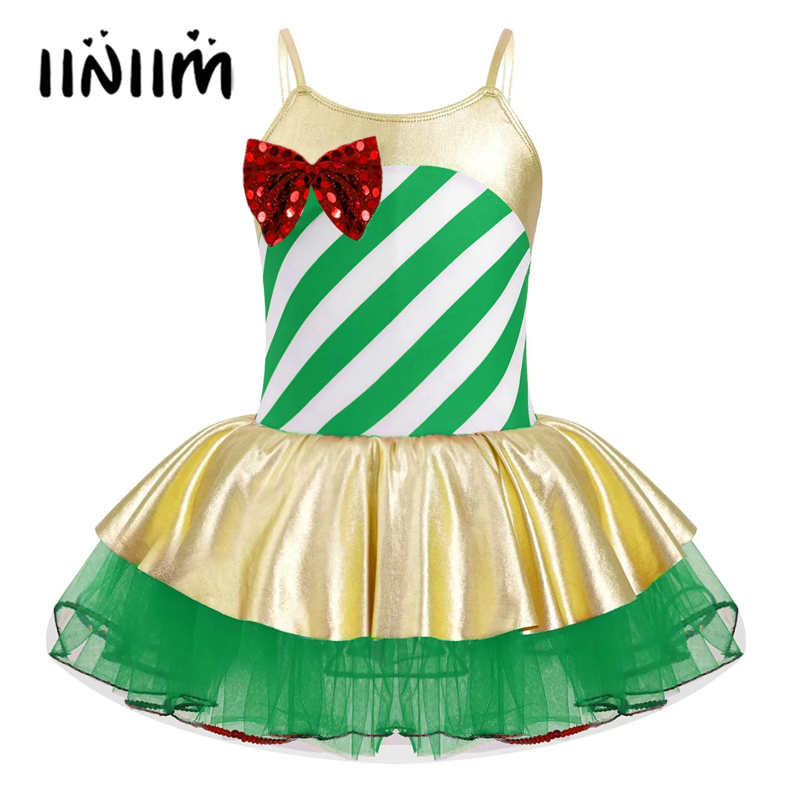 

Kids Girls Carnival Dress Adjustable Straps Cami Dress Stripes Print Sequins Bowknot Adorned Mesh Tutu Dress Dance Jumpsuit