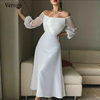 verngo elegant white off the shoulder formal evening dresses puff long sleeves silk satin ankle length lady casual cloth garment