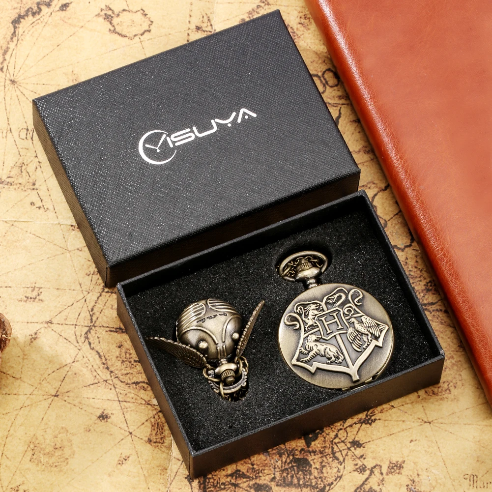 Two Vintage Quartz Pocket Watch with Chain and Gift Box Necklace Clock High Grade Gifts Set for Friend Family