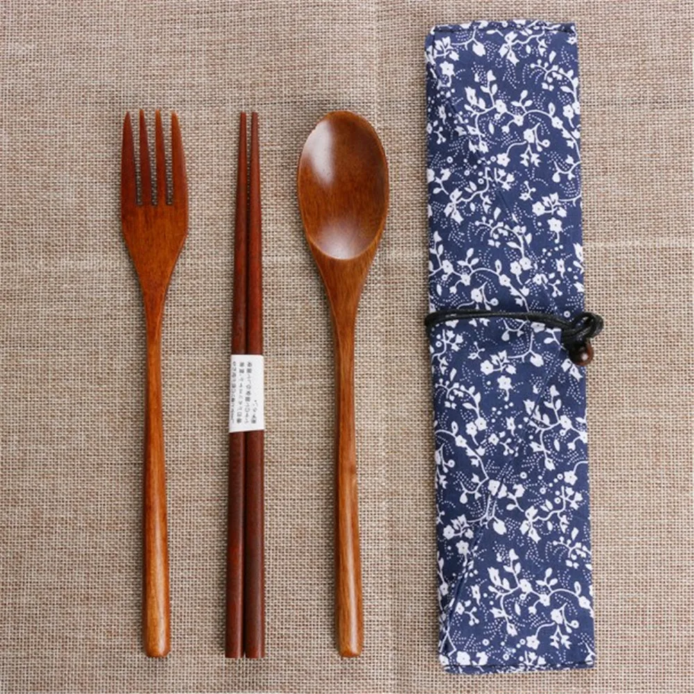 

Chinese Chopsticks Tableware Wooden Cutlery Sets With Spoon Fork Cloth Bag Environmentally Friendly Travel Portable