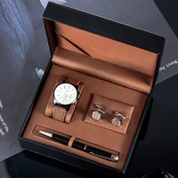 luxury mens watch gift box set 3pcs high quality man wristwatches waterproof case and stainless steel cuff button and pen hot
