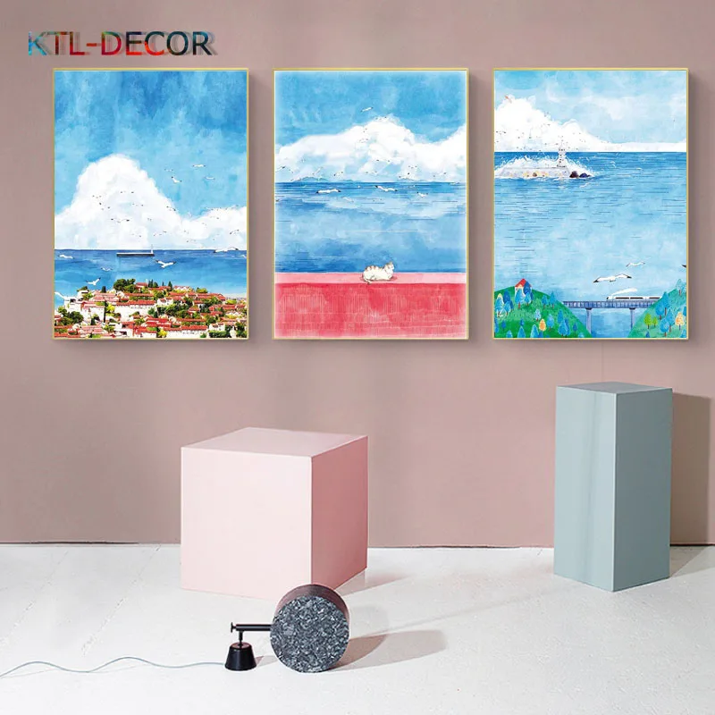 S117 Oil Painting Blue Ocean Beach Nordic Style Nature Landscape Prints Minimalist Modern Art Print Picture for Room | Дом и сад
